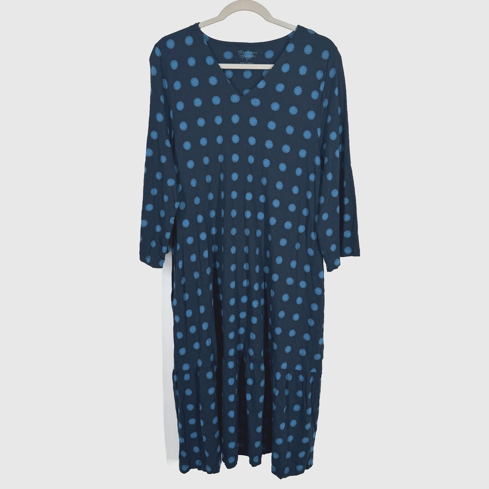 Gudrun Sjoden Long Sleeve Polka Dot Dress Blue Navy Women Size Large Lagenlook